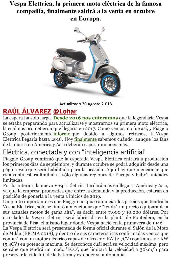 Vespa Elettrica, la primera moto eléctrica de la famosa compañía,  finalmente saldrá a la venta en octubre en Europa